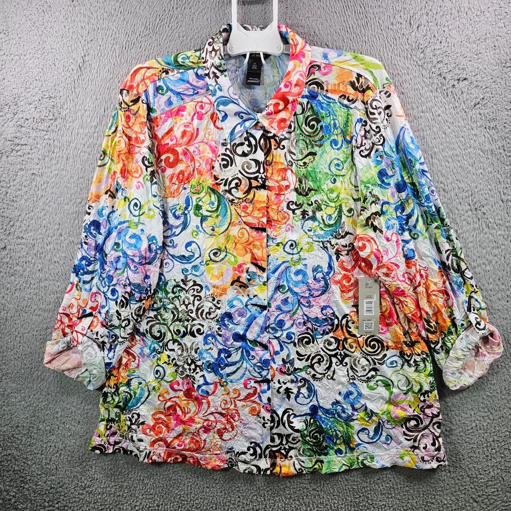 NEW Ali Miles Shirt Top Women 2X Button Up Stretch‎ Colorful Geometric Print